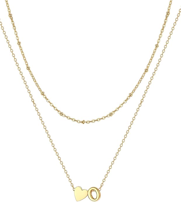 FOCALOOK Layered Initial Necklace for Women, 14K Gold Plated Choker Necklaces Stacks with Initial A-Z, Dainty Silver Heart Pendant Necklace Personalized Birthday Women Jewelry