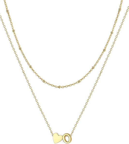 FOCALOOK Layered Initial Necklace for Women, 14K Gold Plated Choker Necklaces Stacks with Initial A-Z, Dainty Silver Heart Pendant Necklace Personalized Birthday Women Jewelry