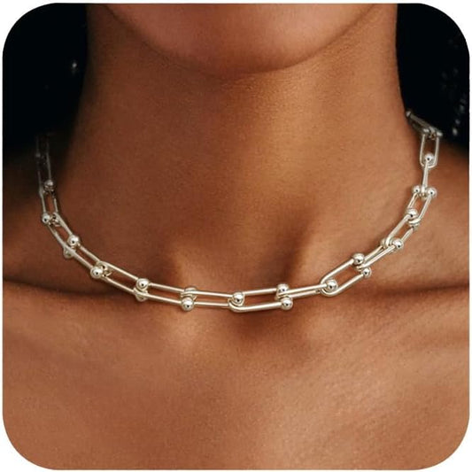 Choker Necklace for Women Men Trendy | Sterling Silver Plated Necklace 14K Gold Plated Chunky Necklaces Thick Cuban Link Chain Hypoallergenic Statement Paperclip Necklace Punk Fashion Jewelry