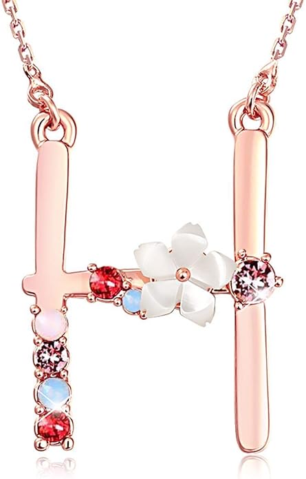 Flower Initial Letter Necklace Pink Red Blue Simulated Pearl Pendant Name Jewelry Made with Austrian Crystals Rose Gold Plated Anniversary Birthday Gifts for Women,18"+2"