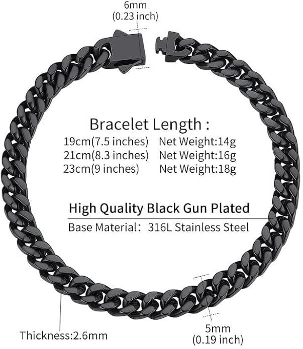 ChainsHouse Stainless Steel Cuban Link Bracelet for Men, 5mm/7mm/9mm/12mm Width, 7.5"/8.3"/9" Length, Black/18K Gold Plated Chain Wrist Bracelets for Men, with Gift Box