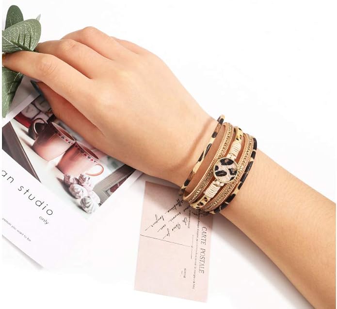 Fesciory Leopard Bracelet for Women, Boho Leather Wrap Multi-Layer Pearl Crystal Bracelet Bangle Jewelry