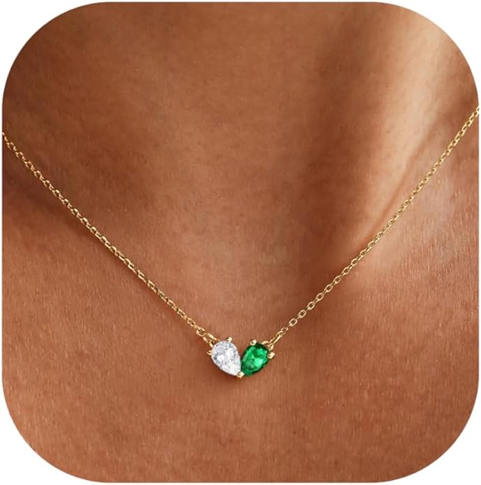 KOHOTA Gold Birthstone Necklace for Women Non Tarnish 14K Gold Plated CZ Heart Pendant Necklaces Dainty 2 Birthstones Emerald Green Charm Necklace for Mother and Daughter Birthday Jewelry Gifts