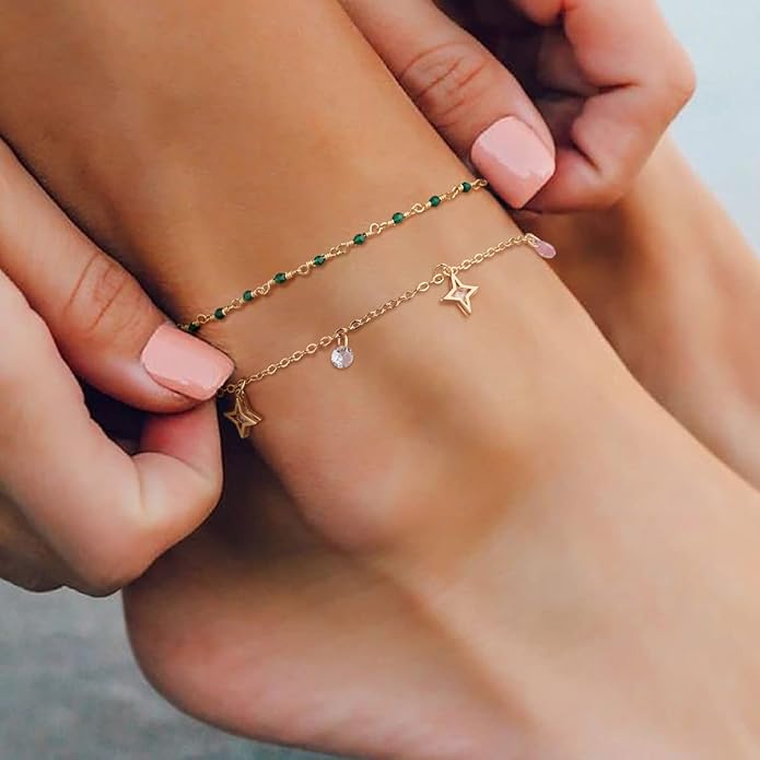 MTMY Gold Anklets for Women 14K Gold Plated Tiny Bead Anklet Colorful Tassel Foot Chain Dainty Adjustable Cute Summer Beach Boho Anklets Jewelry Gift