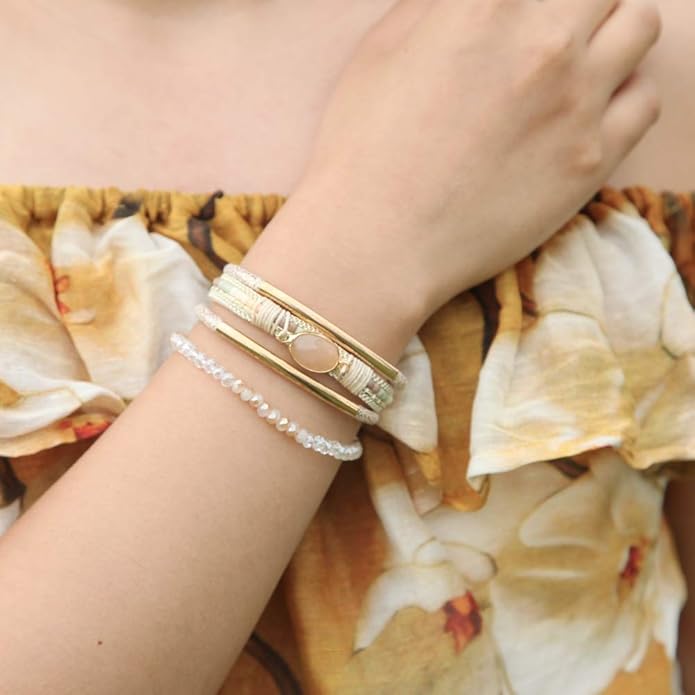 FANCY SHINY Leather Wrap Bracelets Crystal Beads Bracelet Boho Cuff Stone Charm Bracelets with Clasp Costume Jewelry for Women