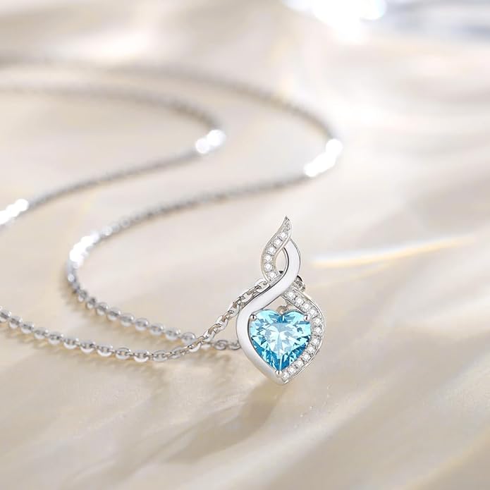 FANCIME 14K Solid White Gold Heart Birthstone Necklace with Diamond Pendent Birthday Gifts for Mom Women, Sterling Silver Chain 16" + 2" Extender