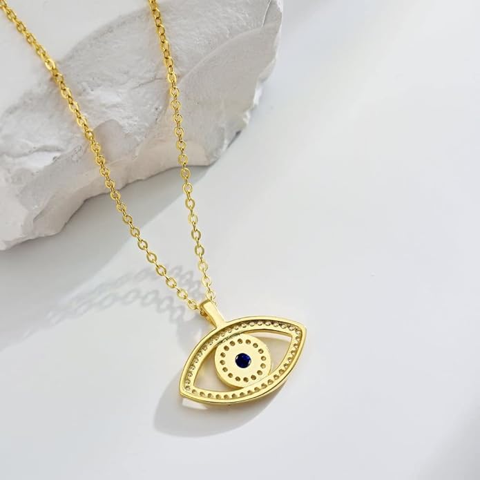 Solid 14K Gold Over 925 Silver Evil Eye Pendant Necklace,Dainty Moissanite and Sapphire Devil's Eye Protection Necklace,Lucky Jewelry Gift for Women