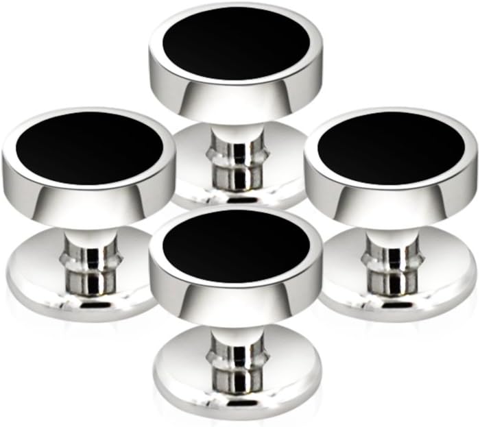 Men's Black Onyx Cufflink & Tuxedo Shirt Stud Set, 16mm Rhodium-Plated Brass, Elegant Gift Box