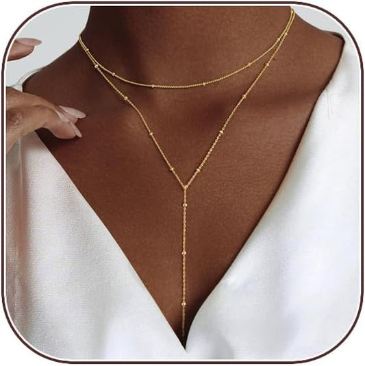 Lariat Gold Necklace for Women, Dainty Long Necklace 14k Gold Plated/Silver Y-Shaped Layered Beaded Chain Drop Necklaces for Women Trendy Simple Gold Jewelry for Women Gifts