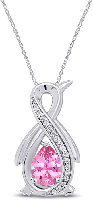 Infinity Penguin Pendant Necklace for Women, 14K Gold Over Sterling Silver with Pear & Round Cut Simulated Birthstone & White Diamond Accents, Dainty Animal Jewelry Gift with 18" Chain