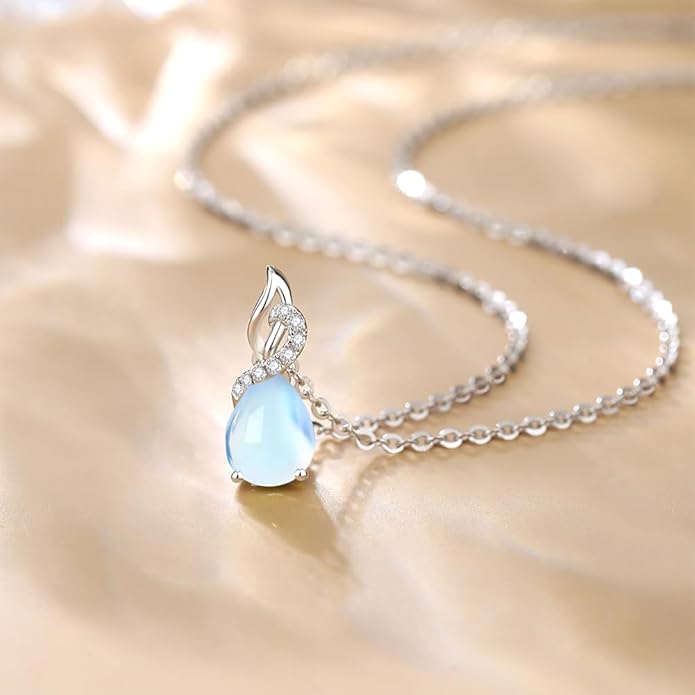 FANCIME 14K Solid White Gold Teardrop Pendant with Diamond Birthstone Necklace