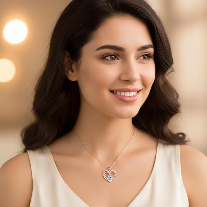 Birthstone Heart Necklace for Women Wife Girlfriend Mom Daughter Gifts S925 Silver Jewelry For Anniversary Rose Gold Gifts For Birthday Christmas Mothers Valentines Day