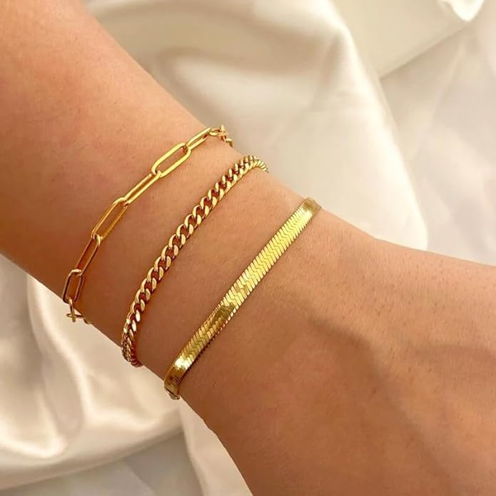 Gold Bracelets for Women Trendy,14K Gold Plated Dainty Stackable Paperclip Cuban Link Chain Bracelets, Simple Cute Cuff Bracelets Jewelry Set Adjustable 7"+2"