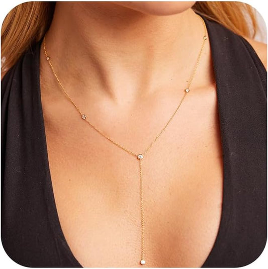 Lariat Gold Necklaces for Women Trendy Dainty Long Necklace 14k Gold Plated/Silver Layered Drop Beaded Chain Necklaces Y-shaped Pendant Necklace Simple Gold Jewelry Gifts