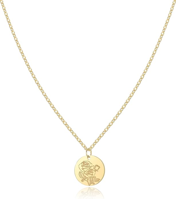 Birth Flower Necklace, 14K Gold Plated Floral Pendant Necklaces for Women, Simple Dainty Birth Month Flower Necklace, Birthday Jewelry for Women - 12 Month