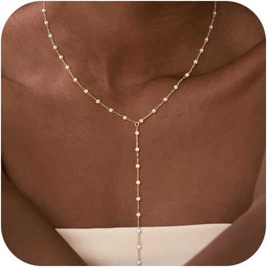 LOVELUCK Long Lariat Necklace for Women,Dainty Layered Y-Shaped Necklaces 14k Gold/Silver Plated Drop Chain Trendy Christmas Jewelry Gifts