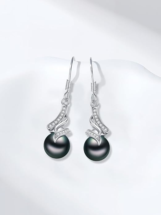 Tahitian Black Pearl Earring 18K White Gold Plated Sterling Silver Dangle Drop Earrings Black Pearl Jewelry Gifts for Women Mom