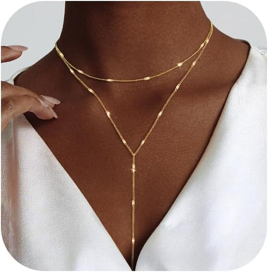 Luxval Lariat Gold Necklace for Women, Dainty Long Necklace 14k Gold Plated/Silver Y-Shaped Pendant Necklaces Trendy Beaded Chain Drop Necklaces Jewelry for Women Gifts