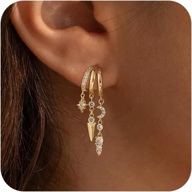 Dangle Earrings for Women,14k Gold Plated Triple Huggie Stud Earrings Dainty Drop Earrings for Women Trendy Gold Statement CZ Long Chain Earrings Non Tarnish Jewelry