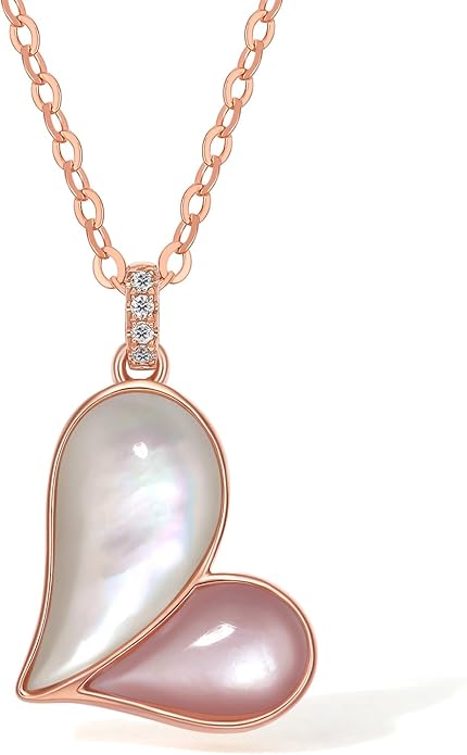 ZHOU LIU FU Heart Necklace 18K/750 Rose Gold Necklace with Diamond White Pink Mother of Pearl Jewelry 40+5CM Adjustable Chain Gifts for Women Girlfriend Wife Best Friends