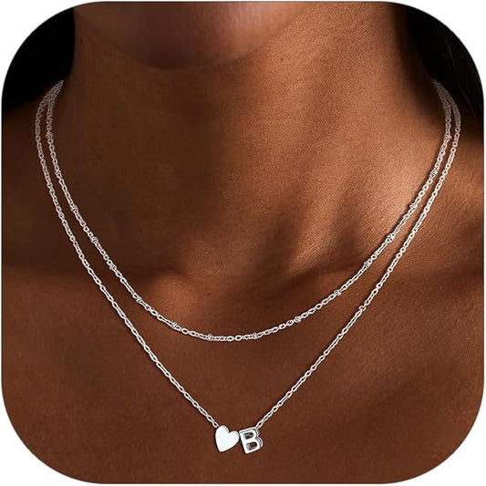 FOCALOOK Layered Initial Necklace for Women, 14K Gold Plated Choker Necklaces Stacks with Initial A-Z, Dainty Silver Heart Pendant Necklace Personalized Birthday Women Jewelry