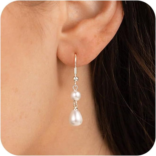14K Gold Plated Pearl Dangle Earrings for Women, Small Pearl Drop Huggie Hoop Earrings, Hypoallergenic Dainty Gold Wedding Earrings Jewelry Gifts for Women Trendy