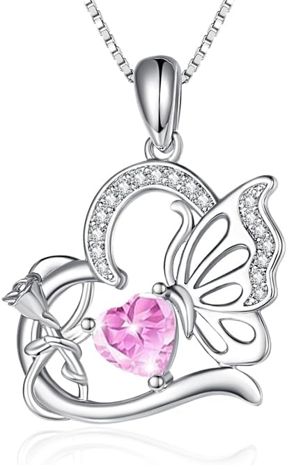 Birthstone Heart butterfly Necklace for Women, Infinity Pendant 14K Gold /18K White Gold Womens Necklaces, Jewelry Anniversary Birthday Christmas Gifts for Her Mom Wife﻿