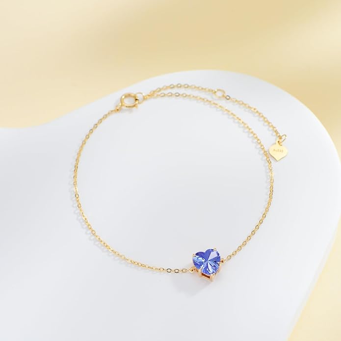 14k Gold Love Heart Gemstone Bracelet for Women,7MM Heart-cut Created Birthstone Anniversary Birthday Mother's Day Bracelets Jewelry for Mom Her 6.5''+2''