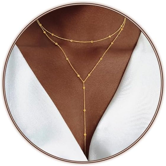Lariat Silver/Gold Necklace for Women 925 Silver/14K Gold Plated Dainty Long Necklace Y-Shaped Drop Pendant Necklaces Choker Trendy Chain Simple Layered Necklaces CZ Jewelry for Women Set Gift