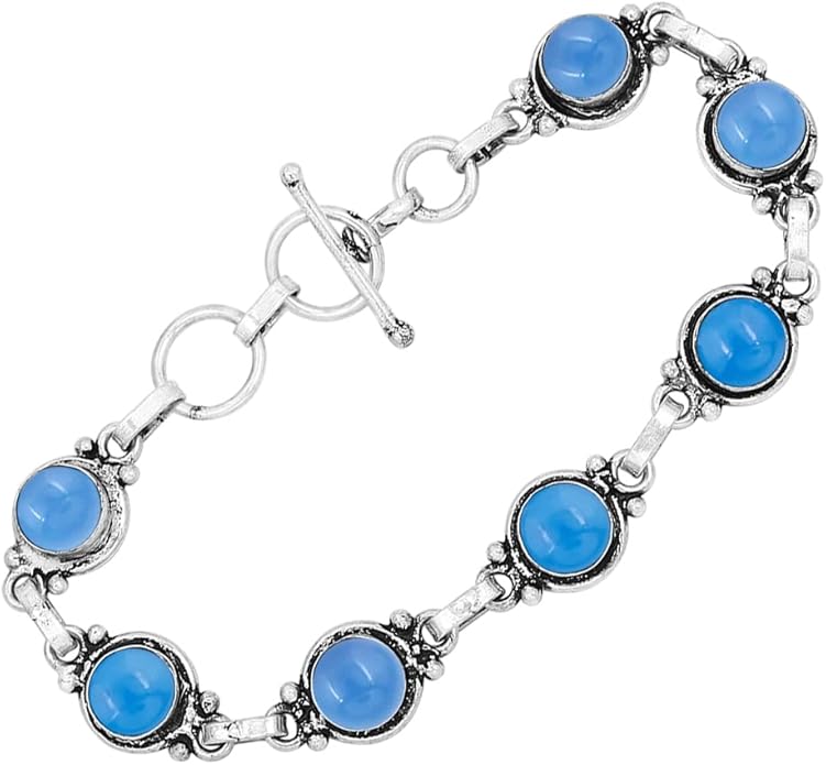 Round Shape Natural & Synthetic Gemstones Silver Plated Bracelets for Women - Vintage Bohemian Style Handmade Birthstone Adjustable Link Bracelet Jewelry Gifts for Wedding Anniversary Mother's Day