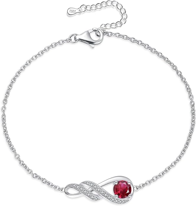 Birthstone Bracelets for Women 925 Sterling Silver Created Gemstone Bracelet Infinity Pendant Jewelry for Her, 6.7"+1.2"