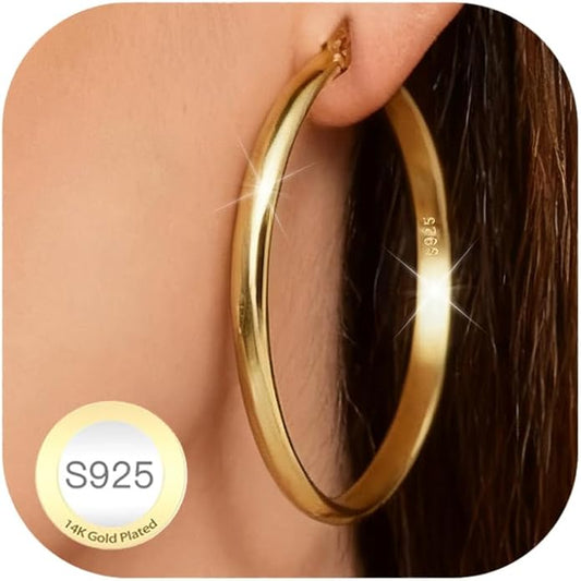 EXGOX 5mm Wide Gold Hoop Earrings for Women,Sterling Silver Hoop Earrings Large Silver Hoop Earrings Hypoallergenic Lightweight 14K Real Gold Plated Big Hoop Earrings for Women 30/40/50/60/70mm