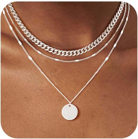 Layered Gold Silver Necklaces for Women, Stackable Stack 14K Real Gold Plated Silver Chain Necklace Diamond Circle CZ Layering Pendant Necklaces Trendy Gold Jewelry Set Gifts