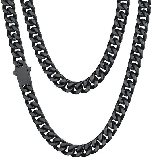 ChainsHouse Stainless Steel Mens Cuban Link Chain, Black/ 18K Gold Plated Miami Cuban Chain Necklace, 5mm/7mm/9mm/12mm/14mm Width, No Tarnish& Durable Hip Hop Mens Jewelry, 18"-30", Send Gift Box