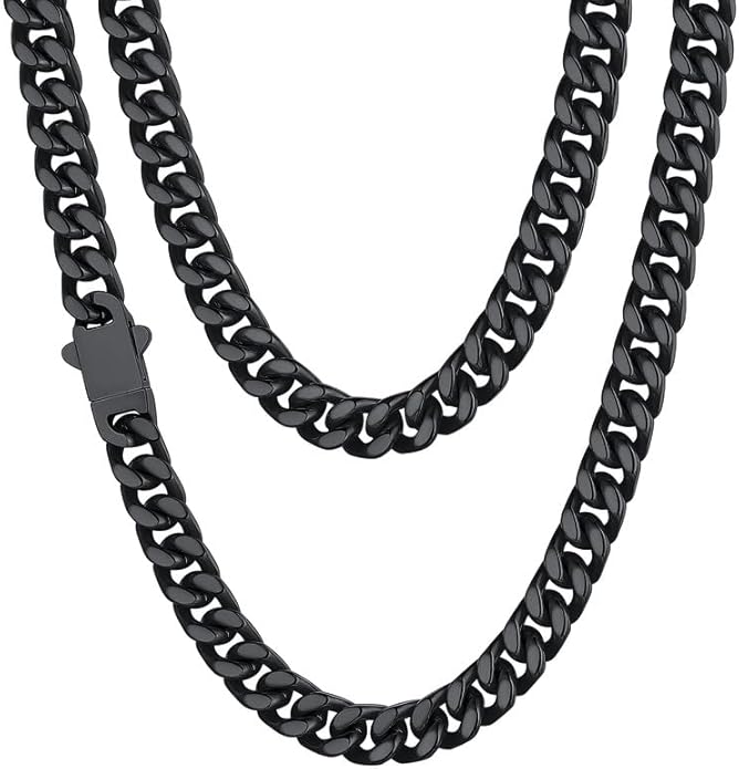 ChainsHouse Stainless Steel Mens Cuban Link Chain, Black/ 18K Gold Plated Miami Cuban Chain Necklace, 5mm/7mm/9mm/12mm/14mm Width, No Tarnish& Durable Hip Hop Mens Jewelry, 18"-30", Send Gift Box
