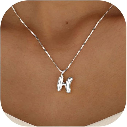 Bubble Gold Silver Letter Necklace Initial Necklaces for Women Trendy 14K Dainty Charm Pendant Name Necklace Personalized Jewelry Gift for Women Teen