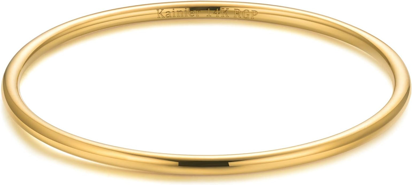 Kainier 3mm 14K Gold Plated Bracelet Stainless Steel Glossy Stackable Thin Round Bangle Bracelet for Women Solid Plain Polished Bracelet Best Gifts for Love