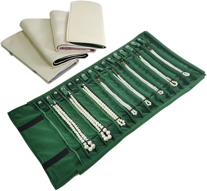 SCIKHEFT Portable Jewelry Roll Untangled Secure Necklace Travel Storage Bag Displays Holder 16 Chain (gray PU and green)