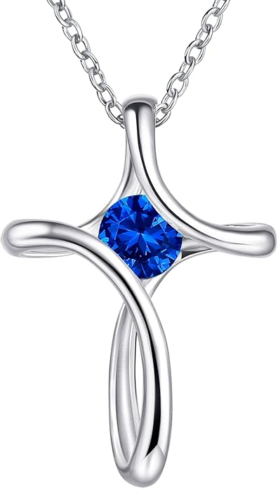 NINAMAID Cross Necklace for Women, 925 Sterling Silver Birthstone Necklace for Women with Diamond Sideways Cross Necklaces Birthstone Jewelry Birthday Gifts for Womens