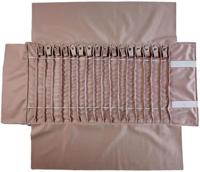 SCIKHEFT Portable Jewelry Roll Untangled Secure Necklace Travel Storage Bag Displays Holder 16 Chain (gray PU and pink)