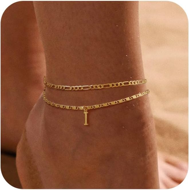 Tasiso Initial Ankle Bracelets for Women，Layered Waterproof Anklet for Women 14K Gold Filled Anklets Layering Thin Figaro Letter Anklet Summer Jewelry Gifts for Women