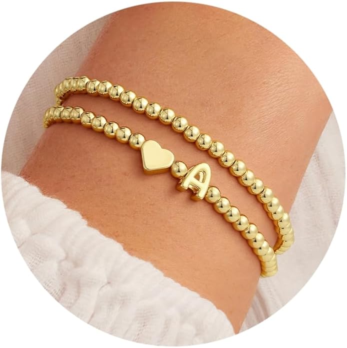 Ursteel Initial Heart Bracelet for Women - Dainty 14K Gold Plated Beaded Bracelets for Women Trendy Letter A-Z Heart Jewelry Personalized Gifts
