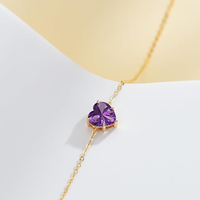 14k Gold Love Heart Gemstone Bracelet for Women,7MM Heart-cut Created Birthstone Anniversary Birthday Mother's Day Bracelets Jewelry for Mom Her 6.5''+2''