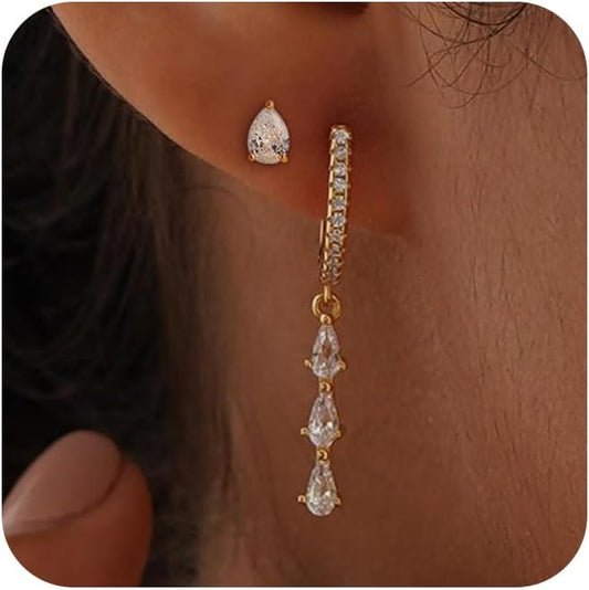 2 Pairs Gold Huggie Hoop Earrings for Women 14k Gold Plated Diamond Stud Earrings Set Drop Dangle Hypoallergenic Cubic Zirconia Flat Back Earring Gold Jewelry for Women Gift