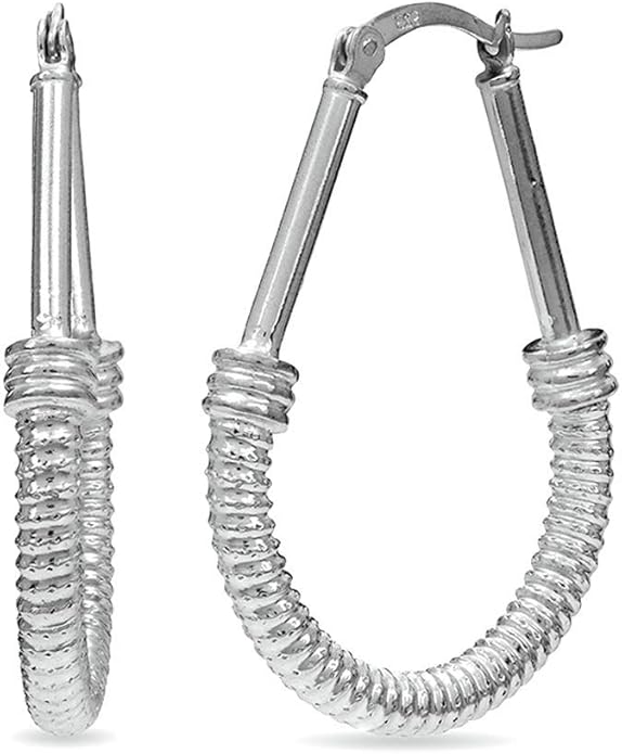 LeCalla 925 Sterling Silver Hoop Earrings | Italian Design Classic Diamond-Cut Textured Earring Hoops | Women's Drop Shape Oval Hoop Earring Jewelry for Women