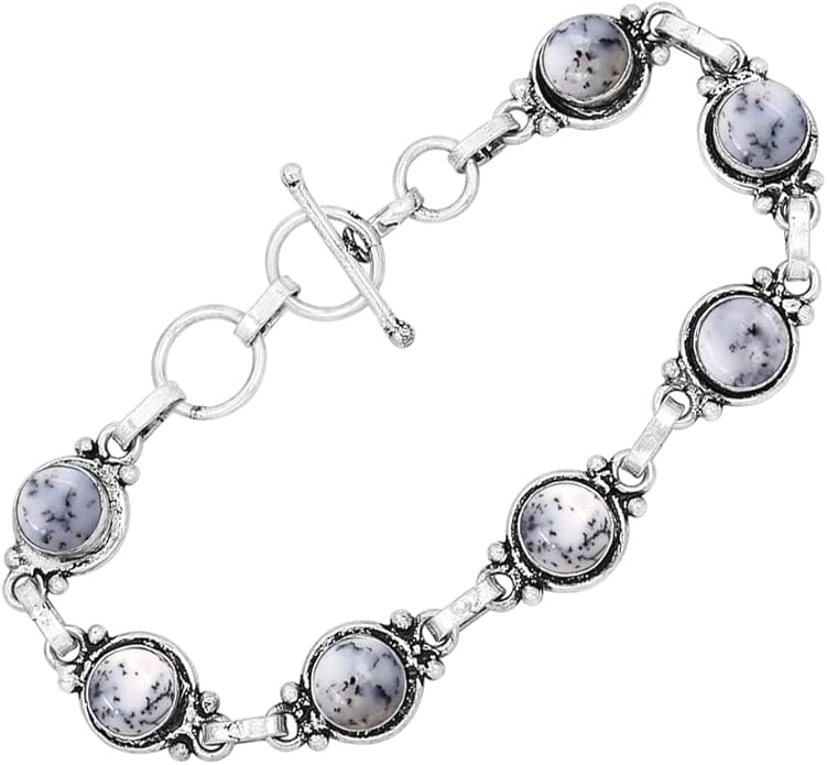 Round Shape Natural & Synthetic Gemstones Silver Plated Bracelets for Women - Vintage Bohemian Style Handmade Birthstone Adjustable Link Bracelet Jewelry Gifts for Wedding Anniversary Mother's Day