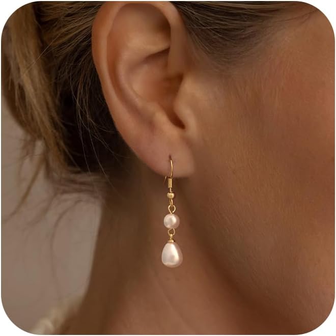 Moodear Dainty Pearl Dangle Earrings for Women - Trendy 14K Gold Plated Pearl Hypoallergenic Drop Earring Wedding Jewelry Gift