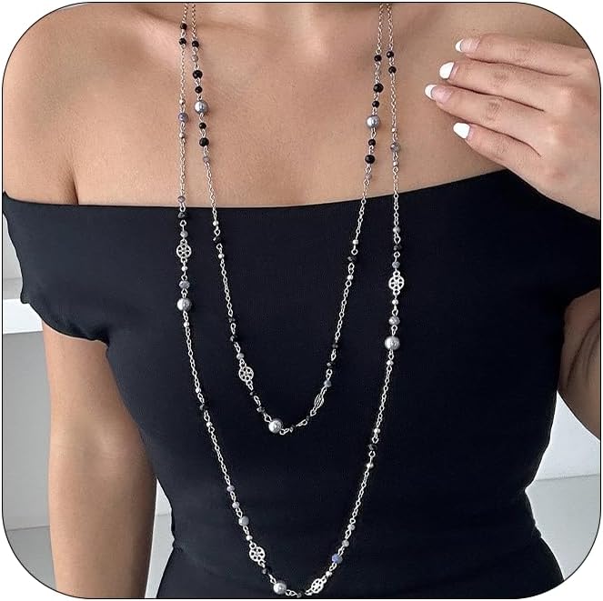 Long Pearl Necklaces for Women Pearl Long Chain Necklace Dainty Gold And Long Pearl Necklaces Layered Pearl Necklace Statement Sweater Strand Chain Jewelry