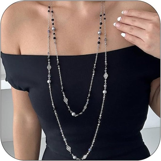 Long Pearl Necklaces for Women Pearl Long Chain Necklace Dainty Gold And Long Pearl Necklaces Layered Pearl Necklace Statement Sweater Strand Chain Jewelry