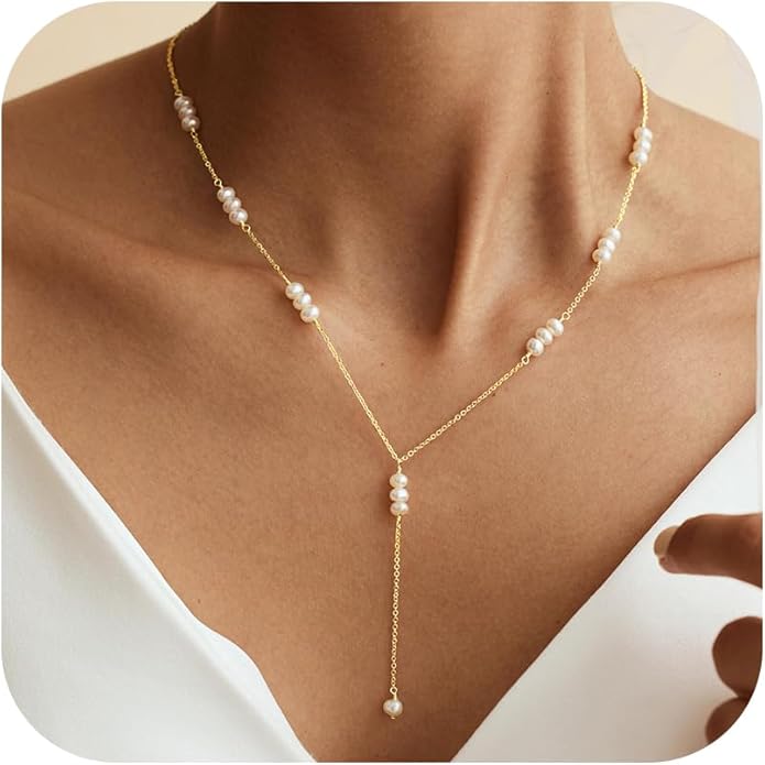 Gold Pearl Necklaces for Women Trendy, 14K Gold Plated Dainty Necklace Simple Layered Pearl Necklaces for Women Trendy Wedding Birthday Jewelry